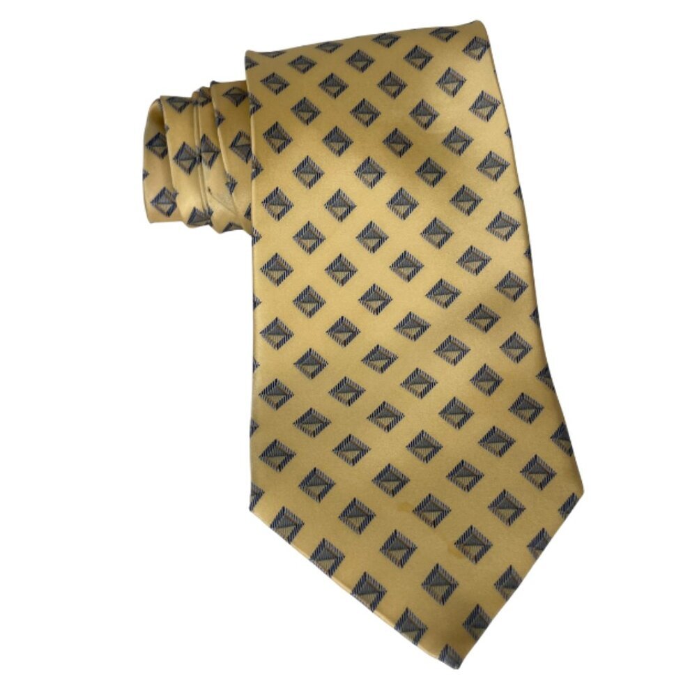 NAUTICA Vintage 90s Geometric Diamond Silk Tie Gold Navy Preppy Academia